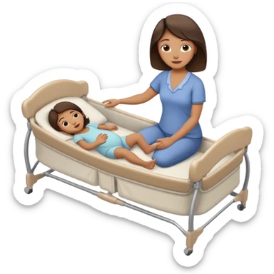 a mom laying down in a “C” position laying close to the she of the bed by her daughters bassinet while still trying to reach far back with her foot to touch her husband  sticker