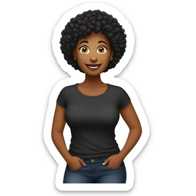 mulher, 54 anos, gorda, feliz, cabelo liso preto, na altura do ombro, olhos castanhos, vestindo calça leg e camiseta  preta sticker