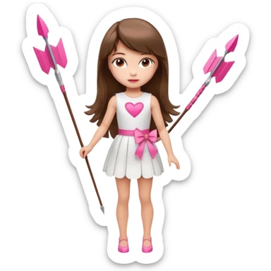 Hada sexy cupido pequeña  de cabello largo lacio castaño con flequillo y ojos cafés  vestida con algo sensual corto color blanco o rojo arco delgado con un color que combinen   y flechas  igual delgadas  que combinen y labios rosas tipo Barbie pero en hada cupido de cuerpo completo ojos sexys  sticker
