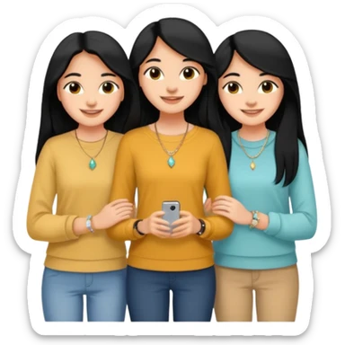 Just 3 best friends smiling big taking a selife, all have medium skin tone with black long hair. Wearing simple jewelry and casual modest clothes color coordinated outfit,  sticker