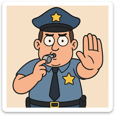 cartoon police officer, front view, blowing a whistle, hand raised to signal stop, bright colors, playful style sticker