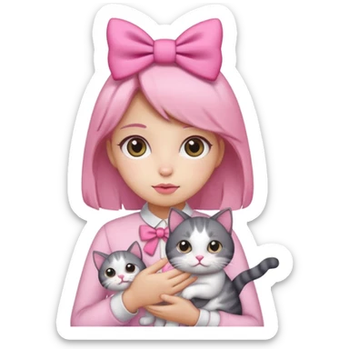 A gurl with pink bow holding a cat sticker