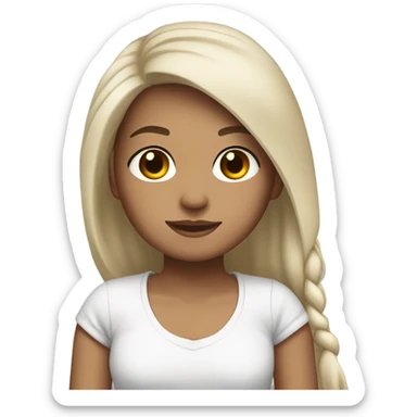girl with light skin, long black hair with brown highlights, brown eyes, and white t-shirt sticker