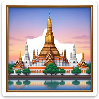 Cinematic Realistic Wat Arun Landmark Emoji, depicted with majestic temple spires illuminated against twilight rendered with intricate detail and soft, ethereal lighting. sticker