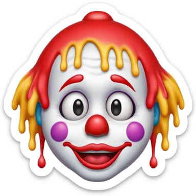 melting clown emoji blending melting face and clown features, drooping face, clown wig, big red nose, expressive eyes, vibrant colors, emoji style sticker