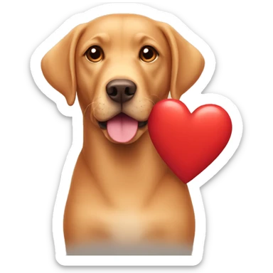 Red Labrador holding a heart sticker
