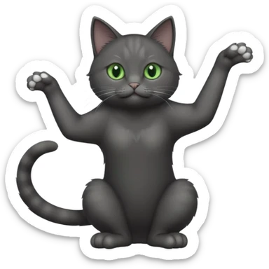 full body gorgeous solid dark grey cat with green eyes, white paws and white whiskers stretching like a cat sticker