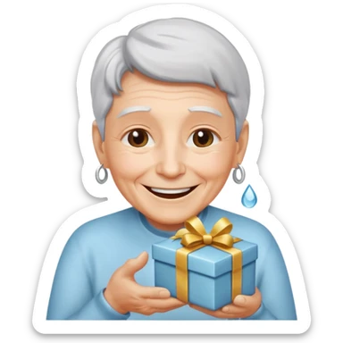 Una persona mayor recibiendo un regalo plateado. Se muestra sonriente y alegre los ojos llorando de felicidad se ve rejuvenecido sticker