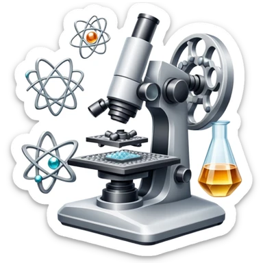 An icon featuring two-ocular electron microscope, a metal alloy, atomic structure symbols, a crystal structure. The design includes different materials like metals, ceramics and polymers, alongside a stamp representing testing and quality control. Transparent background sticker