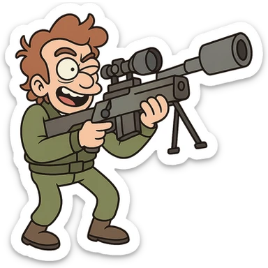 cartoon style sniper, exaggerated features, holding a large sniper rifle, green outfit, playful expression sticker