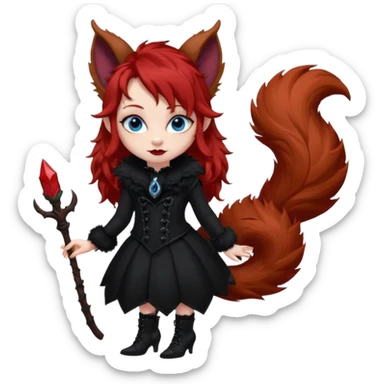  long curly red hair (darker), red pointed ears with black trim, black goth outfits, body and face human, blue eyes, more pointy chin, black lipstick, big fluffy red squirrel tail with black tips, like the attached photo with more outfits and poses,  sticker