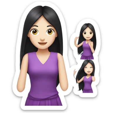 illustrated logo, kawai woman, long black hair, bright eyes, dancing, purple clothes, white skin sticker