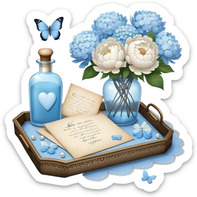 On a lace-trimmed tray rests an ornate glass bottle filled with a soft blue love potion, next to an aged love letter sealed with a wax heart. A delicate pearl butterfly gently perches on the edge of the envelope, while petals of white peonies and pale blue hydrangeas are scattered around. sticker
