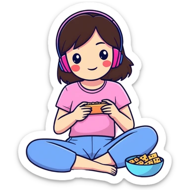 Brunette gamer girlie relaxing wearing pink and eating snacks sticker