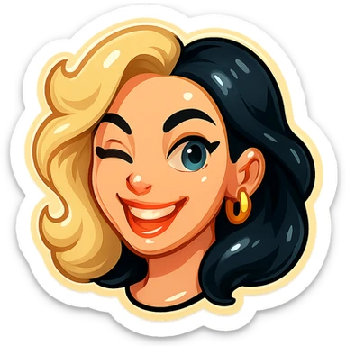 Make the character fully identical to the reference in the style of a Telegram sticker. The character is a girl with two-tone hair (light and black), smiling with visible upper teeth, winking, blue eyes, pale skin, golden earrings, showing only the head with hair, no background and no outline on the edges. sticker