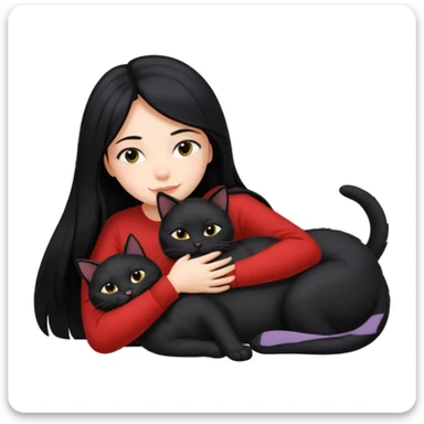 A girl with long black hair, lying down with her black cat while hugging each other. sticker