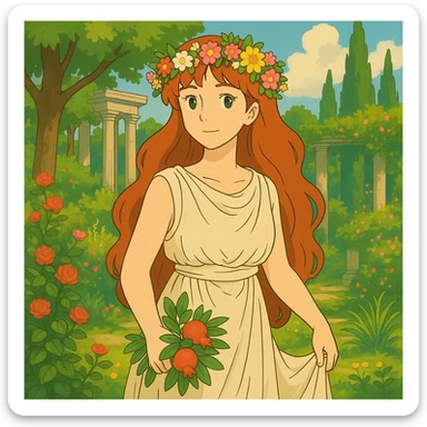Add a crown of flowers to Persephone's head, keeping the Ghibli style and her red hair, in a lush garden. sticker