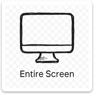 A flat-style vector icon of a desktop monitor viewed head-on, using a simple black outline on a white background to represent “Entire Screen” capture, with the label “Entire Screen” centered below the icon in a clean, modern sans-serif font. Ensure crisp lines, balanced spacing, and a consistent stroke weight for a polished UI look. sticker