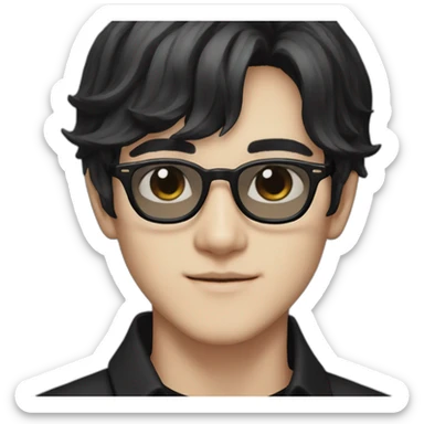 Kim Taehyung with black hair and black glasses with a black shirt and light beige skin sticker