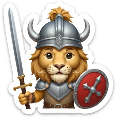 lion with viking helmet and sword behind sticker