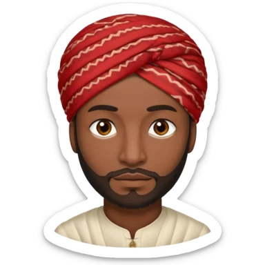 A dark-skinned man with brown eyes, a short beard, and a calm look, wearing a red patterned turban. sticker