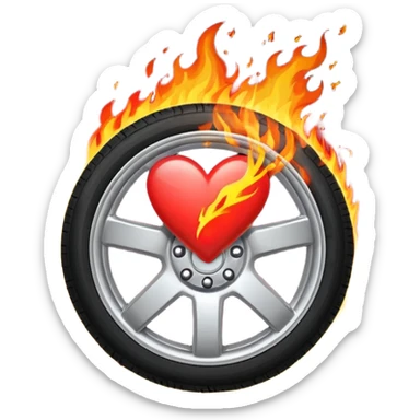a car wheel on fire, sparks flying from underneath, and a red heart in the center of the wheel sticker