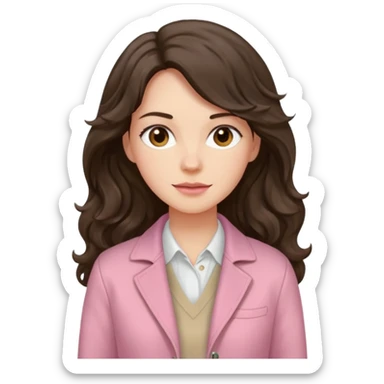Portrait of woman with dark long wavy hair in white shirt, pink pullover and beige jacket sticker