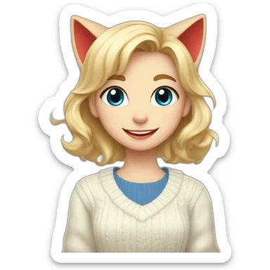 blonde-haired cat girl massive bright red eyes, cat smile, wearing a white sweater and a blue skirt sticker