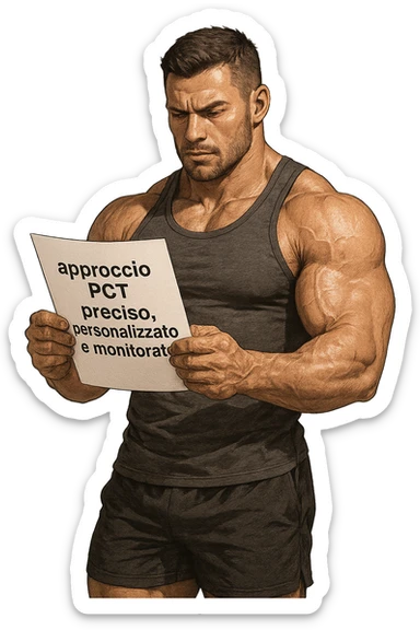 BODYBUILDER CHE LEGGE UN FOGLIO CON LA SCRITTA "approccio PCT preciso, personalizzato
e monitorato" sticker