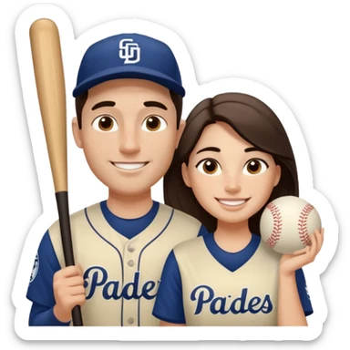 *White* Smiling couple. Woman has big cheeks and a lot of freckles on the nose. long brown hair. Man has black and very short hair and prominent eyebrows with egipcian nose. Both are wearing “Los Padres” baseball jerseys and with a sign that says “Go Padres!” sticker
