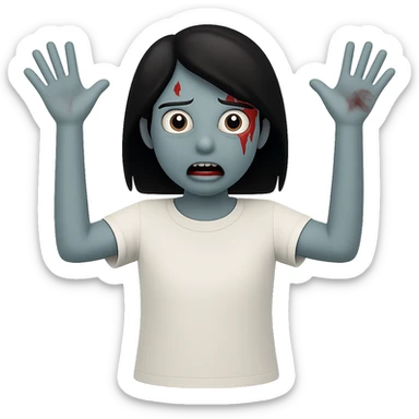 Create an image of a zombie girl with black hair wearing a white t-shirt, minimal blood, in the style of Apple emojis, with no background, arms outstretched. sticker