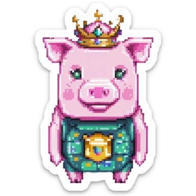 full body pink blocky pig with square head and square body wearing a crown sticker