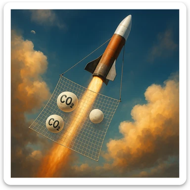Make this image of a rocket dragging a micronet catching CO2 in the atmosphere realistic, with a lifelike rocket and net, detailed textures, natural lighting, photorealistic style. sticker