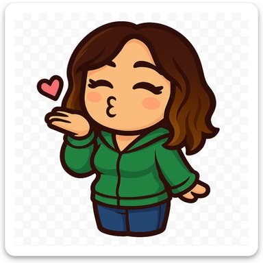 Sticker style chibi emote, matching the attached green heart emote as a base, but with a slightly skinnier body and a bigger chest. Woman from reference, mint green sweater and blue jeans, blowing a kiss, cute flirty face, no headband, no wand, transparent background. Top color should not match jeans. sticker