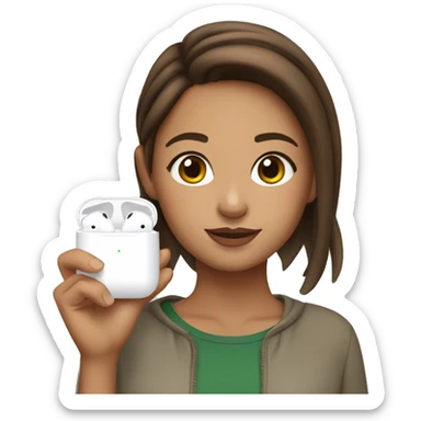 Girl with brown hair, brown eyes, put AirPods in her ears and also a matcha  sticker