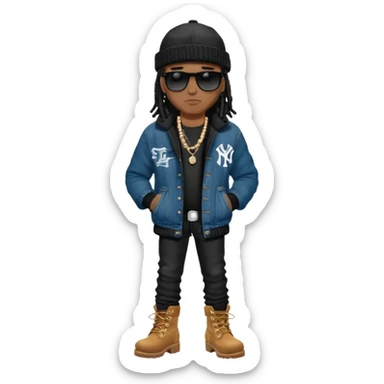 African American man with shoulder length black dreadlocks with black bead wearing black sunglasses with wearing denim skinny jeans wearing black bubble winter coat wearing black New York Yankees baseball hat and  timberland boots with arms folded sticker