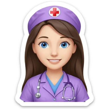 pretty brunette nurse with long hair and blue eyes in lilac scrubs sticker