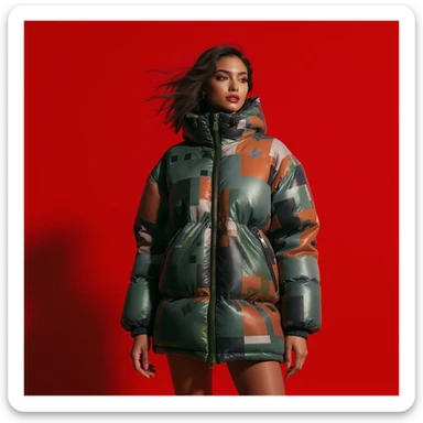 Medium shot, "Echo print effect" motion blur, Photo of a woman dress in abstract (black orange green and blue) grid puffer Louis Vuitton jacket, red solid background, express body, spot light with hard light sticker