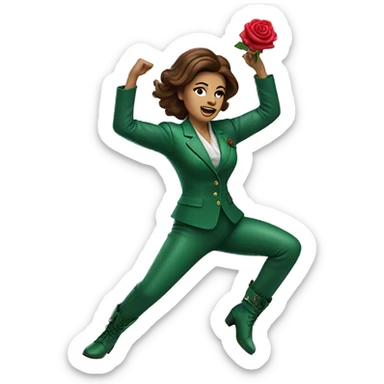 Woman with brown hair in green suit with green leather boots with rose on stomach dancing sticker