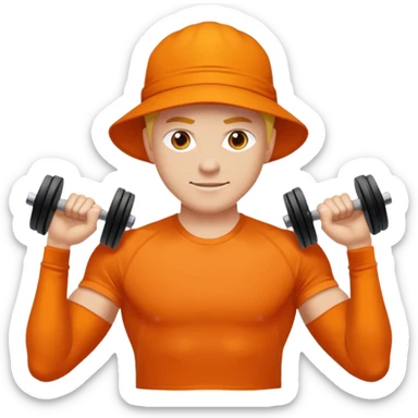 Mach mir einen glücklichen typen der im gym trainert und viele muskeln hat mit einem orangen sport thshirt und schwarzen kurzen haaren sticker