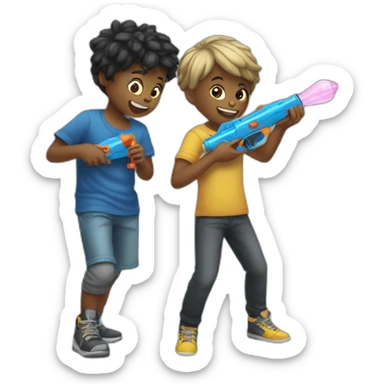 two kids playing with metal watergun sticker