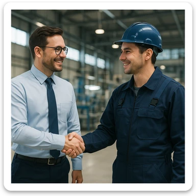 office worker shaking hands with factory worker, modern style, both in uniforms, friendly scene sticker