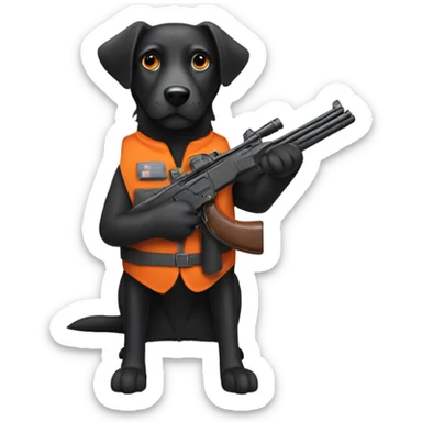 black dog holding a shotgun wearing a orange vest sticker