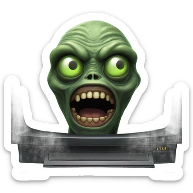 a realistic scary alien on a TV screen sticker