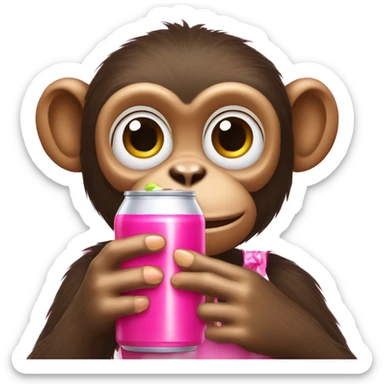 A monkeys drinking apple juice bottle, while holding out pink nails, with a pink bow sticker