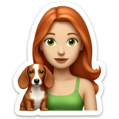 red head women with green eyes and her cream long hair dachshund sticker