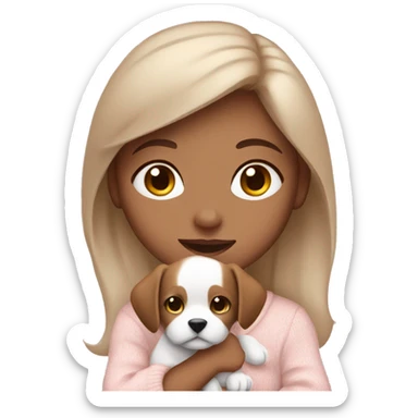 girl with brown hair and brown eyes wearing a light pink sweater and holding a white puppy sticker