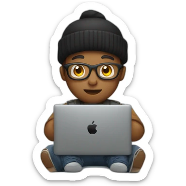 tech guy with black beanie holding a apple laptop in the lap sticker