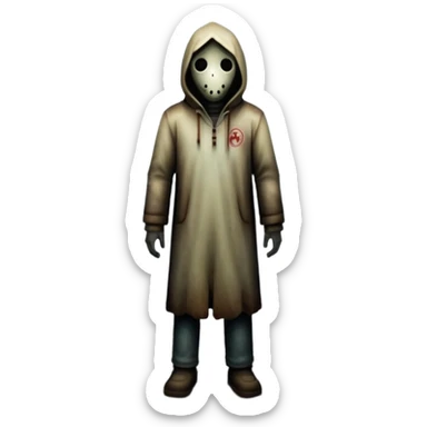 An icon representing a horror game, inspired by Silent Hill 2. The design features a foggy, eerie street with a shadowy figure in the distance. Creepy, dim lighting and dark, abandoned buildings set the tense atmosphere. Transparent background enhances the unsettling mood. sticker