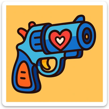 blue heart pistol, vibrant toon style, bold outlines, playful look sticker